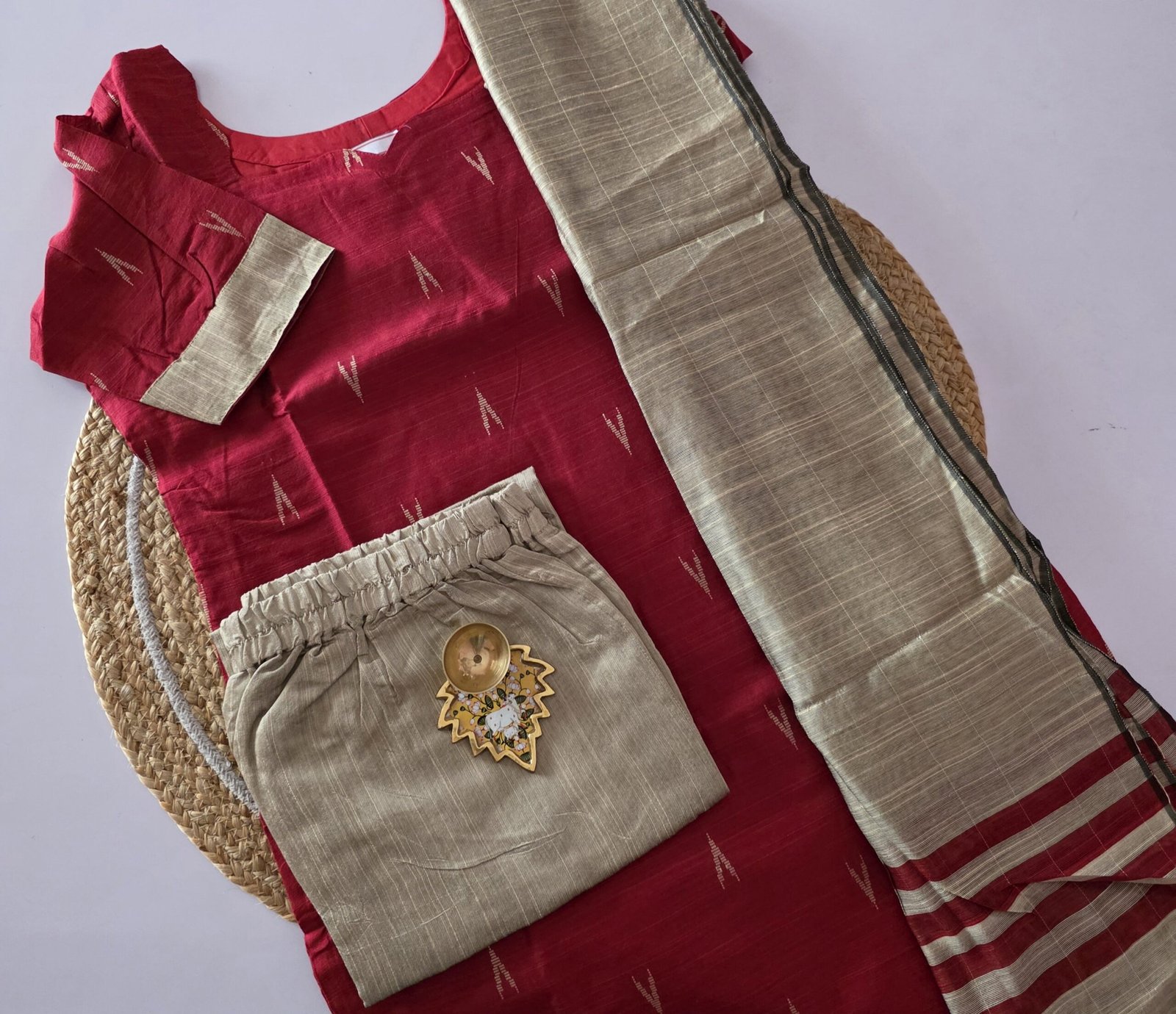 Raw Silk Salwar Set - Ready To Wear - Red - Image 2