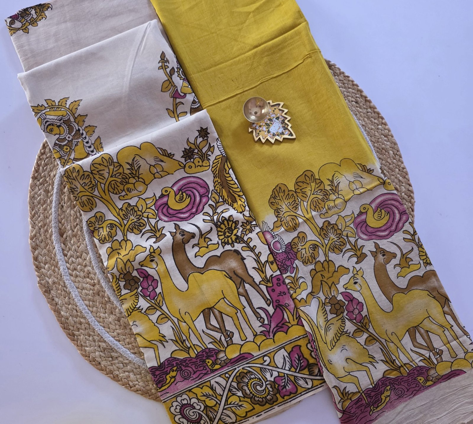 Animal Print Kalamkari Top & Dupatta Set - Yellow