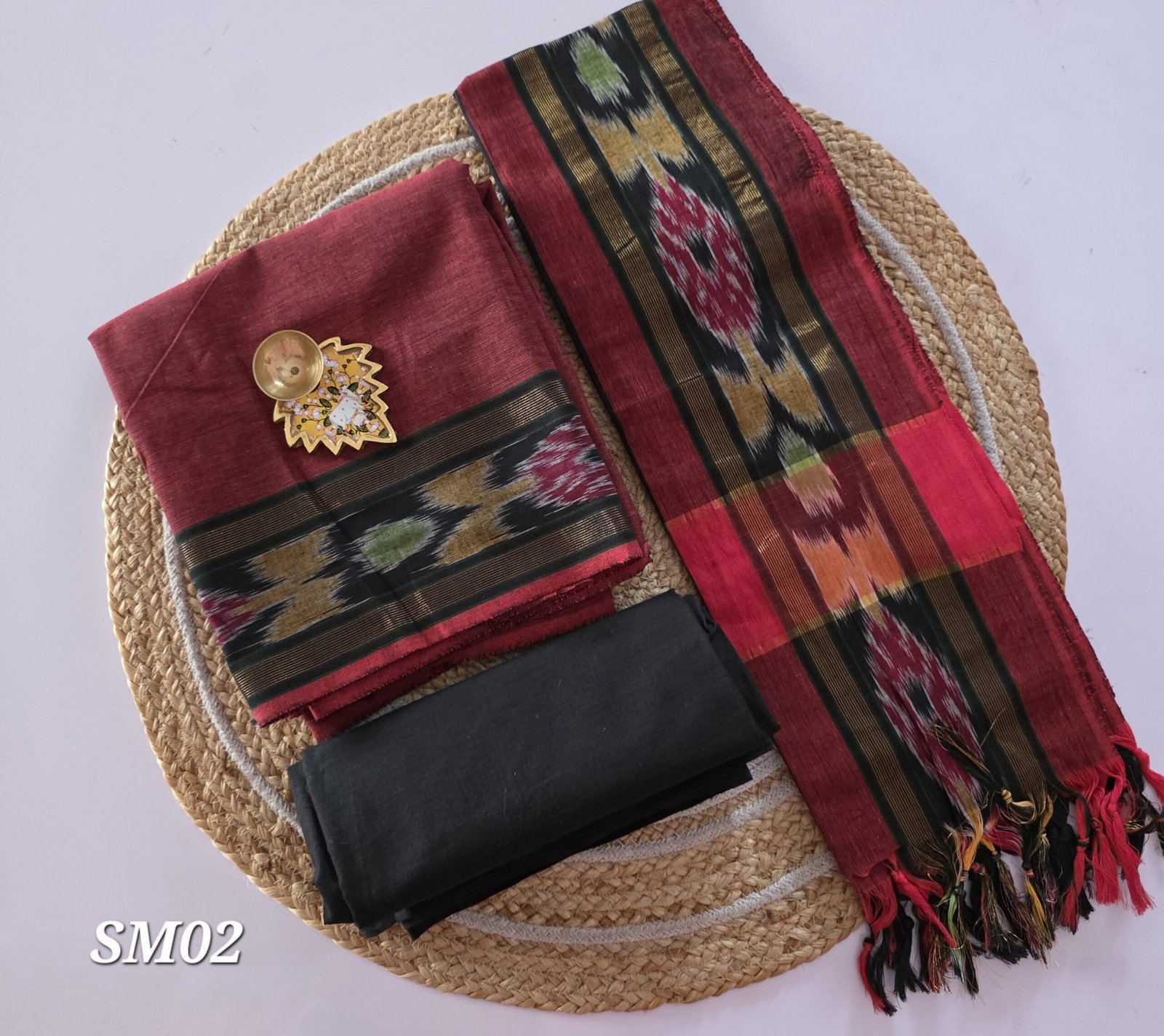 South Cotton Salwar Set with Pochampally Border - SM02 - Rust Red with Black - Image 2