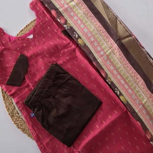 Raw Silk Kurti with Organza Floral Duppata - Pink and Brown