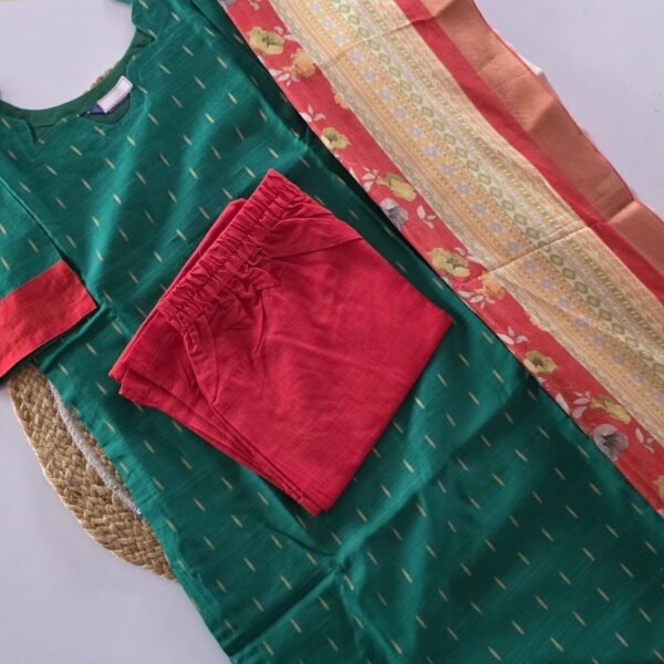 Raw Silk Kurti with Organza Floral Duppata - Green with Red