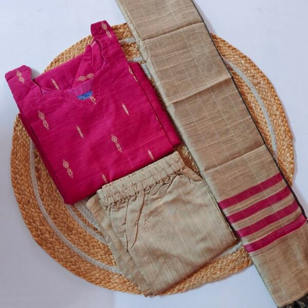 Raw Silk Kurti Set-Pink