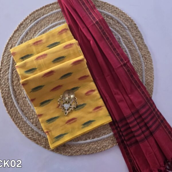 Ikkat Top With South Cotton Dupatta - ICK02 (Yellow with Red)