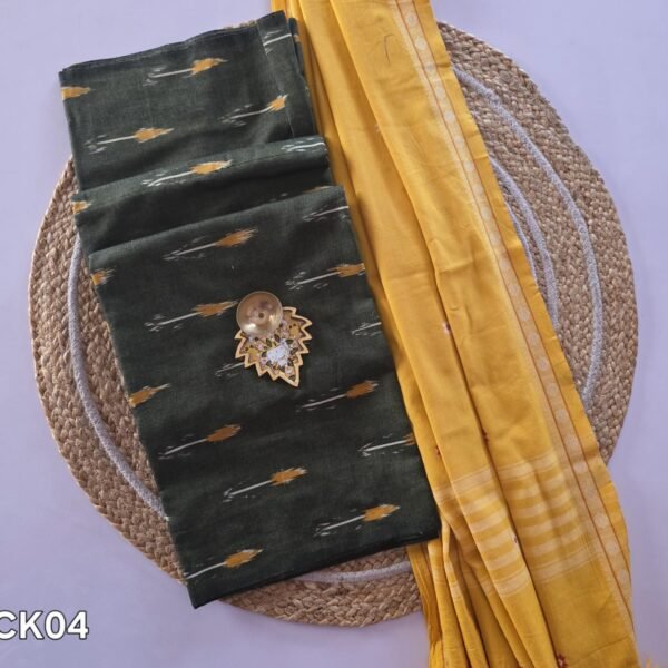 Ikkat Top With South Cotton Dupatta - ICK04 (Olive green with Yellow)