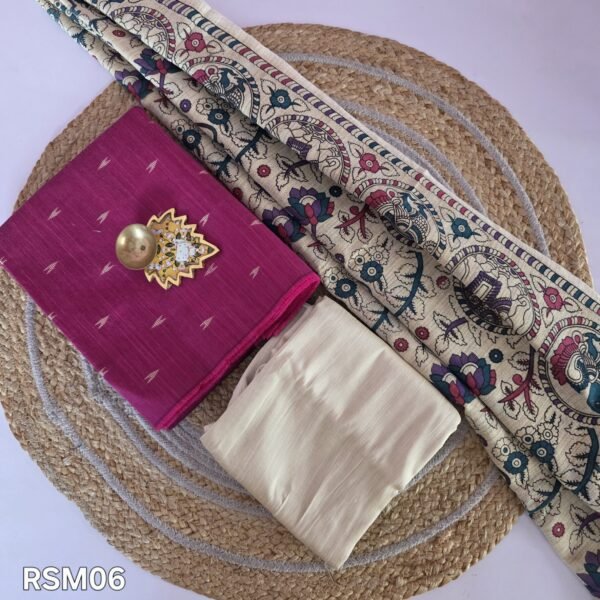 Raw Silk 3pc Set With Madhubani Dupatta - RSM06(Rani Pink)