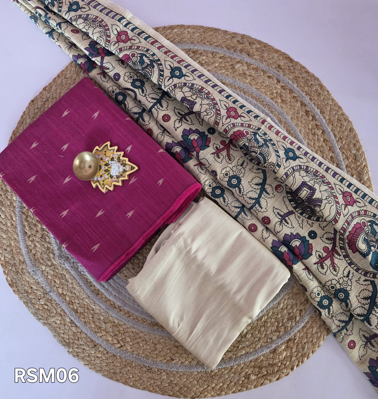 Raw Silk 3pc Set With Madhubani Dupatta - RSM06(Rani Pink)