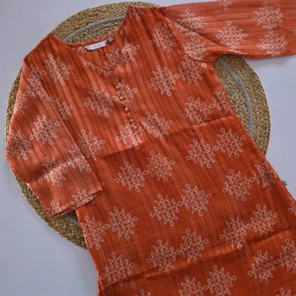 Linen Zari Kurti - LZK14 - Orange Kolam