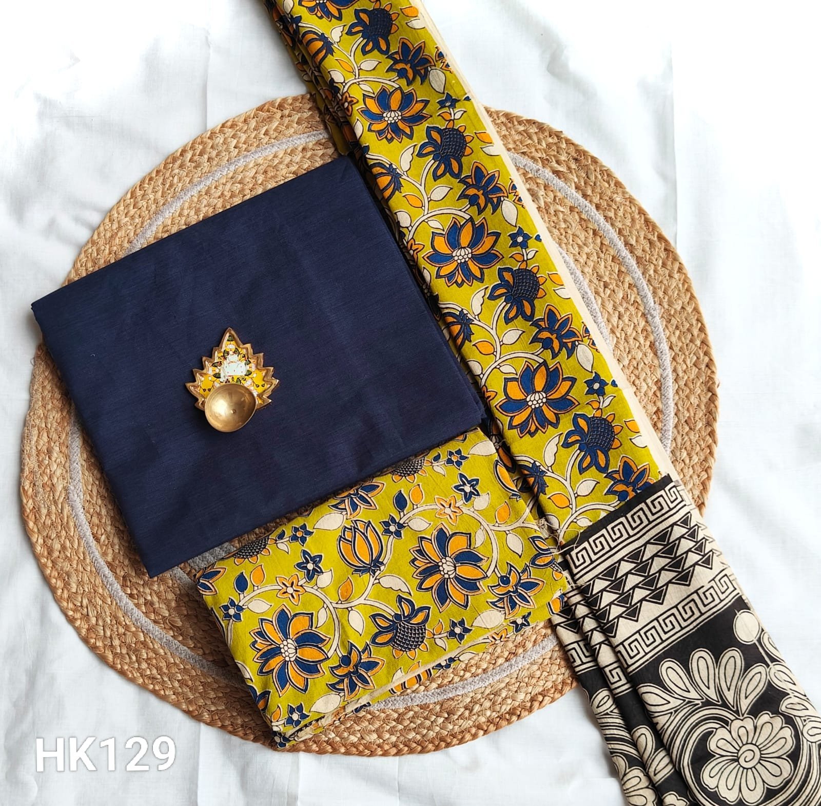 Kalamkari Salwar Set - HK129 - Navy Blue with Green - Image 2