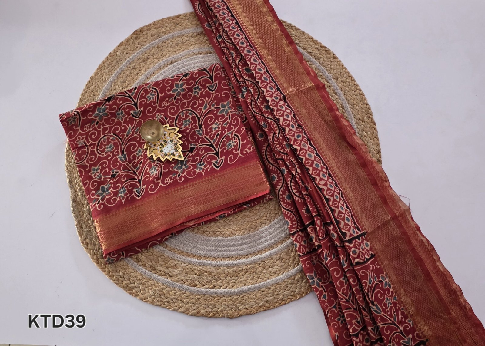 Chennuri Silk × Ajrak Print Fusion Top and Dupatta Set - KTD39 - Red - Image 2