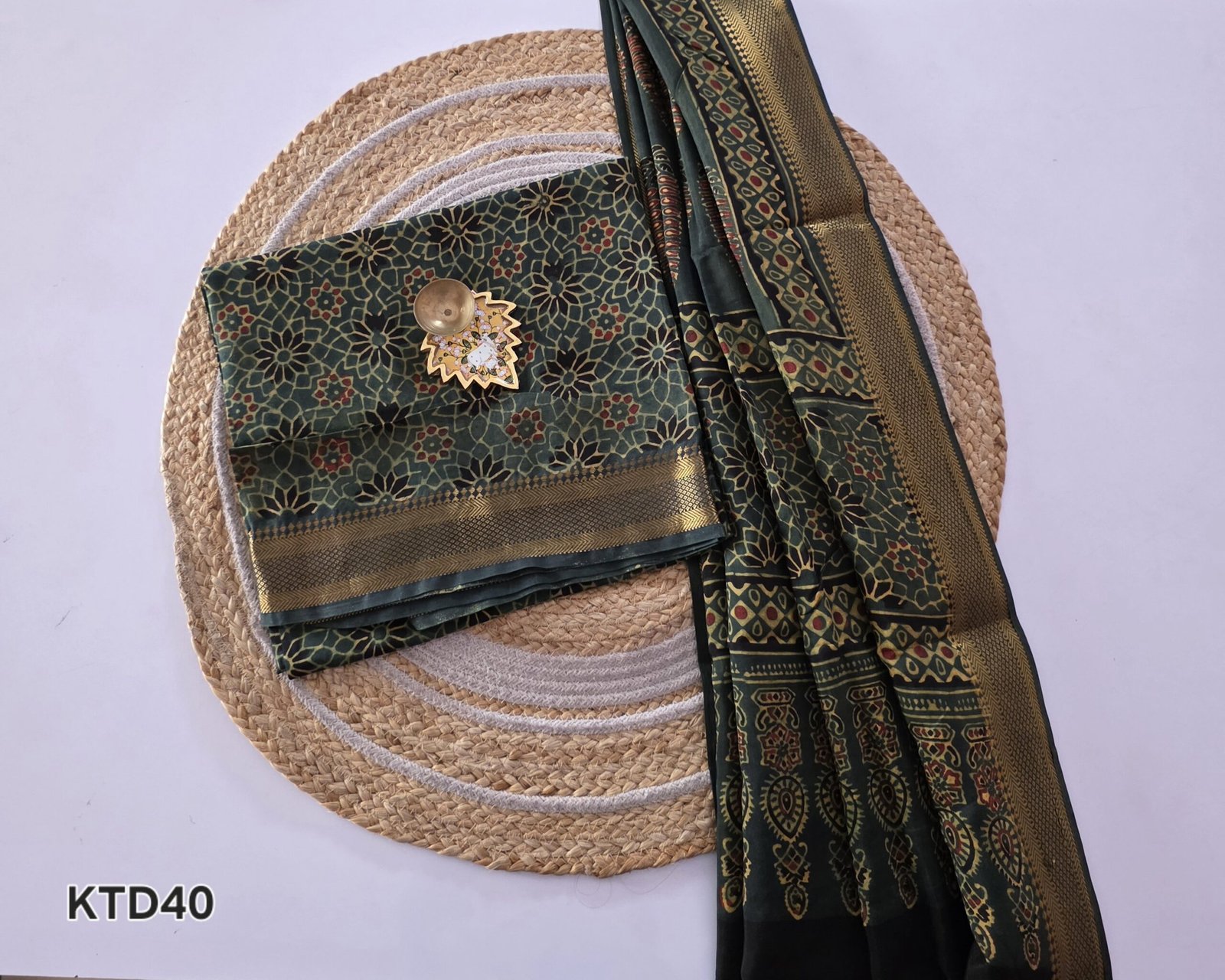 Chennuri Silk × Ajrak Print Fusion Top and Dupatta Set - KTD40 - Green - Image 2