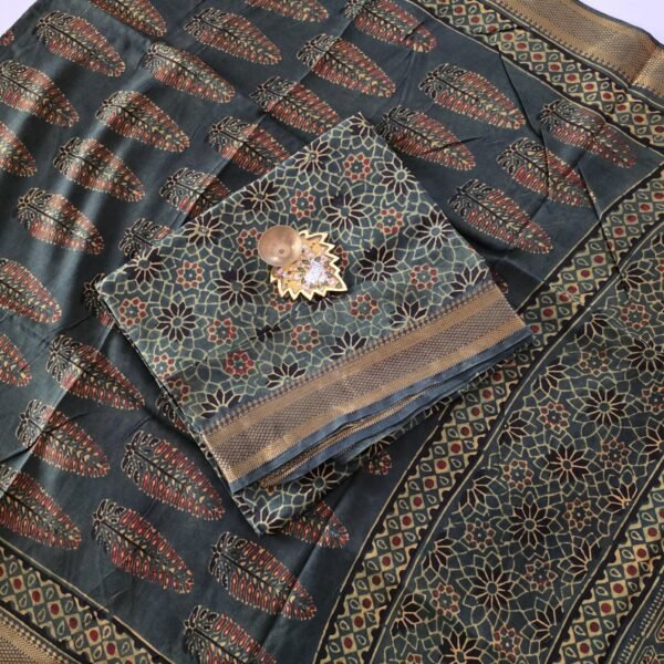 Chennuri Silk × Ajrak Print Fusion Top and Dupatta Set - KTD40 - Green