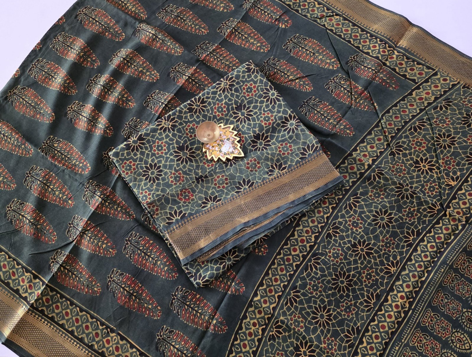Chennuri Silk × Ajrak Print Fusion Top and Dupatta Set - KTD40 - Green