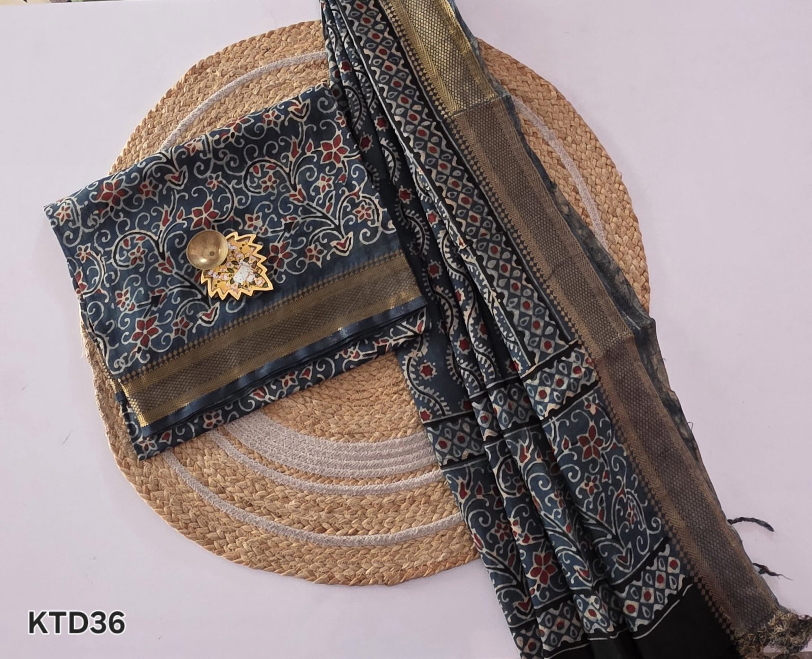 Chennuri Silk × Ajrak Print Fusion Top and Dupatta Set - KTD36 - Blue - Image 2