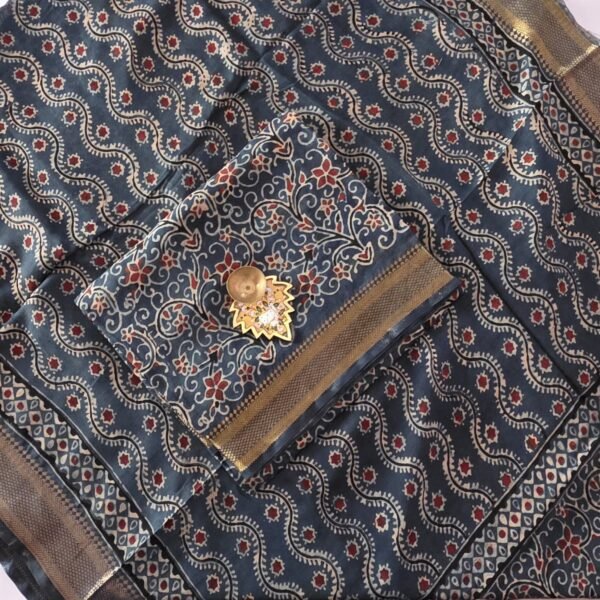 Chennuri Silk × Ajrak Print Fusion Top and Dupatta Set - KTD36 - Blue