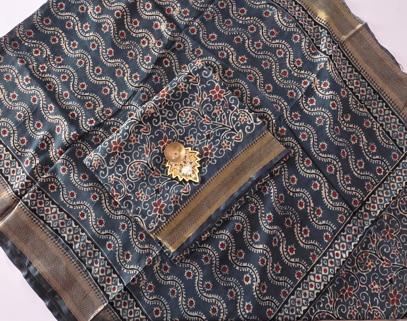 Chennuri Silk × Ajrak Print Fusion Top and Dupatta Set - KTD36 - Blue