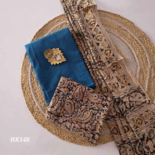 Kalamkari Handblock Printed Salwar Set - HK148 - Peacock Blue shade