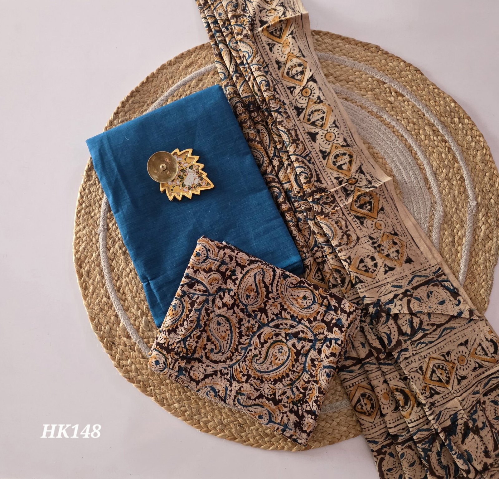 Kalamkari Handblock Printed Salwar Set - HK148 - Peacock Blue shade