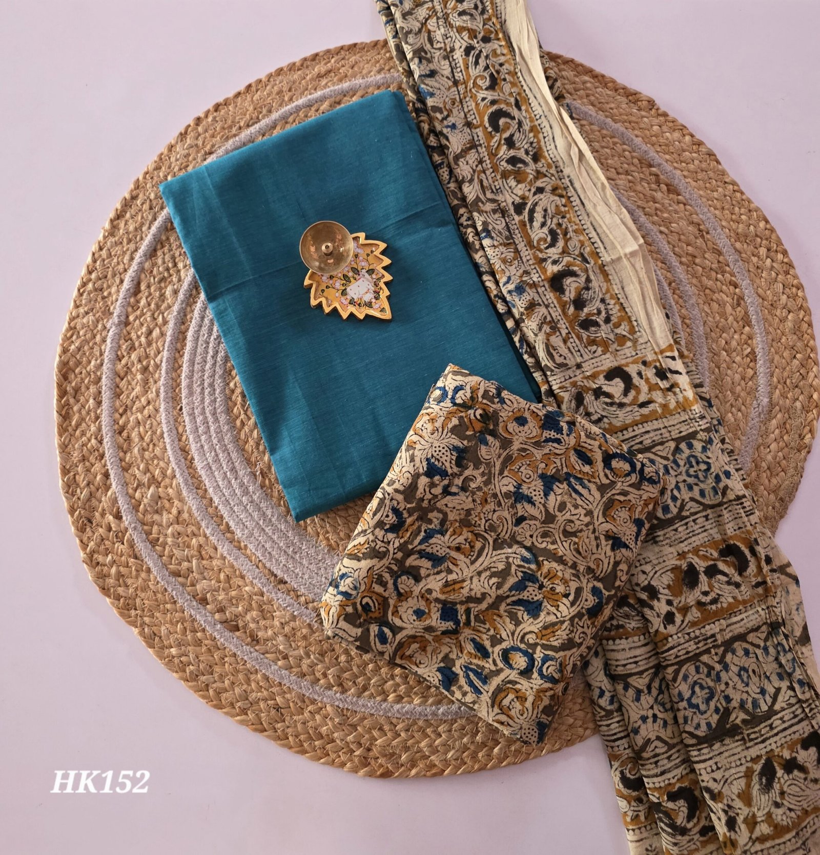 Kalamkari Handblock Printed Salwar Set - HK152 - Teal shade