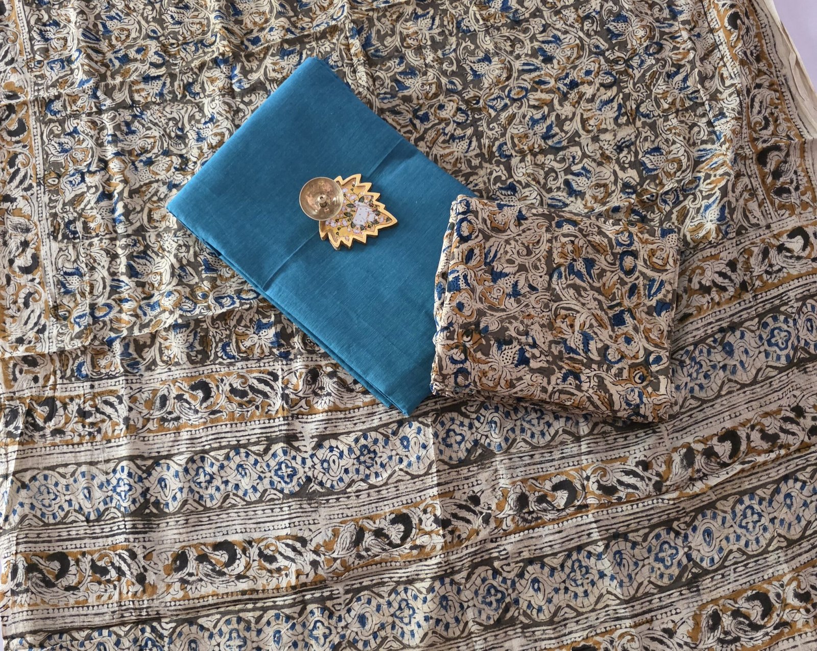 Kalamkari Handblock Printed Salwar Set - HK152 - Teal shade - Image 2