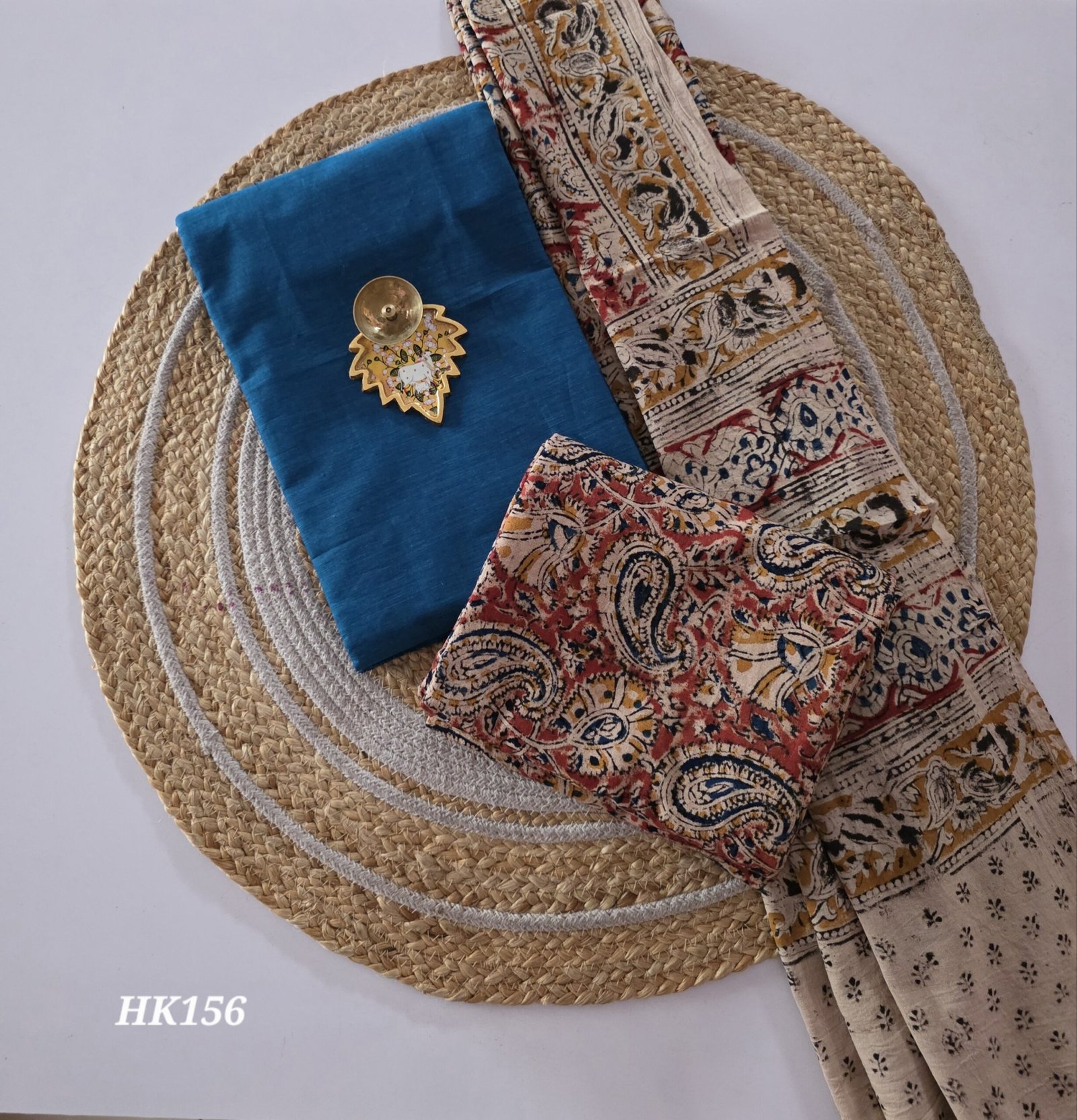 Kalamkari Handblock Printed Salwar Set - HK156 - Peacock Blue shade