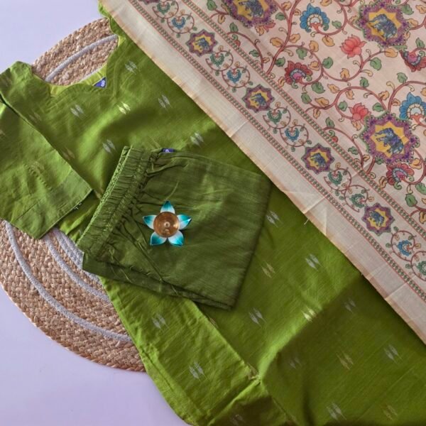 Raw Silk 3 Pc Set with Digital Printed Kalamkari Dupatta - Green Shade