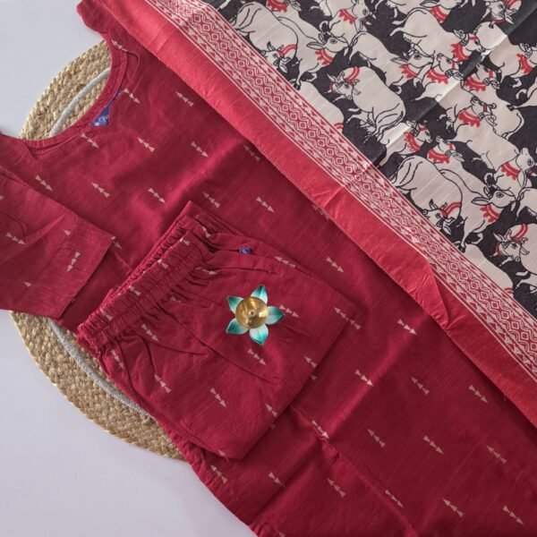 Raw Silk 3 Pc Set with Digital Printed Kalamkari Dupatta - Red with Black