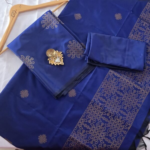 Semi Kanchi Soft Silk - SKS02 - Royal Blue Kolam Motif